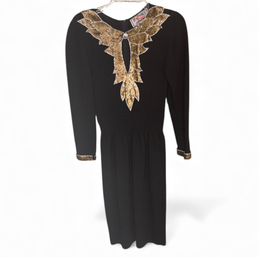 DON SAYERS Black Wool Blend L/S Gold Silver Sequins Leaf Design Elegant Dress 14